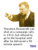 While Roosevelt was campaigning in Wisconsin in 1912, he was shot by a saloonkeeper named John Schrank. The bullet lodged in his chest after penetrating his steel eyeglass case and a folded copy of his 50 page speech.